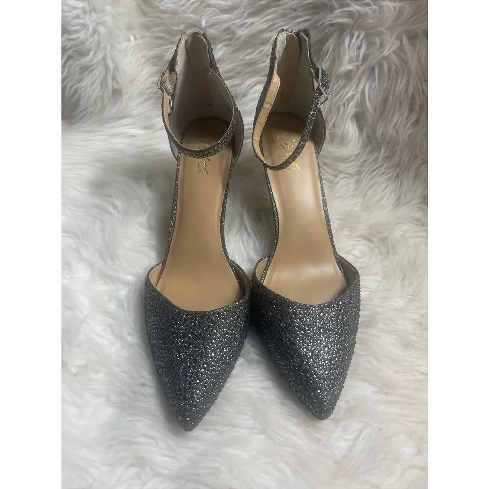 Thalia Sodi Vanessa pewter GlitterPointed-Toe Ankle-Strap Heels back zipper SZ11